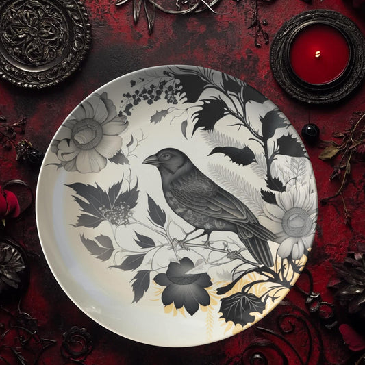 Rustic Crow-Themed Dinner Plates Set: Black Bird Tableware for Gothic Home Decor