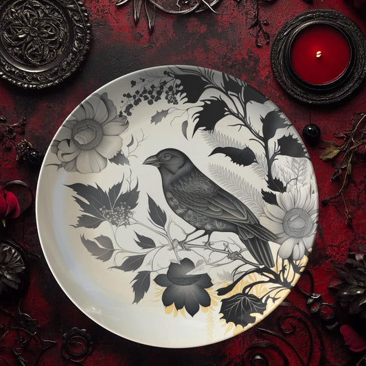 Rustic Crow-Themed Dinner Plates Set: Black Bird Tableware for Gothic Home Decor