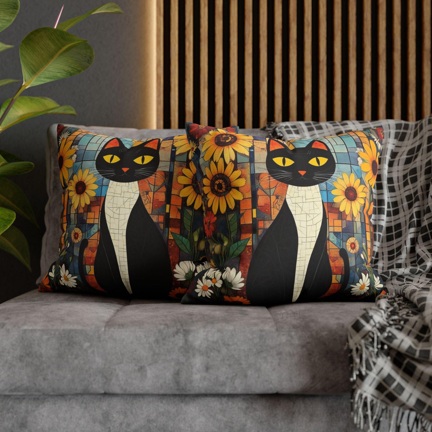 Retro Cat Floral Pillow Cover: Faux Suede Boho Home Decor