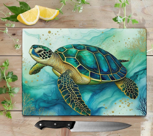 Sea Turtle Glass Cutting Board: Ocean-Inspired Kitchen Decor for Beach Homes and Coastal Kitchens