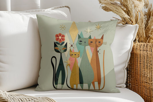 Feline Throw Pillow Cover, Vintage-Inspired Mid-Century Modern Cat Cushion