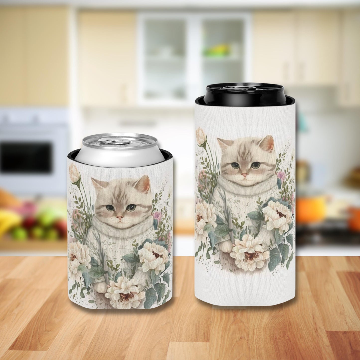 Cat Can Cooler with Floral Design, Insulated Polyester Sleeve for Drinks