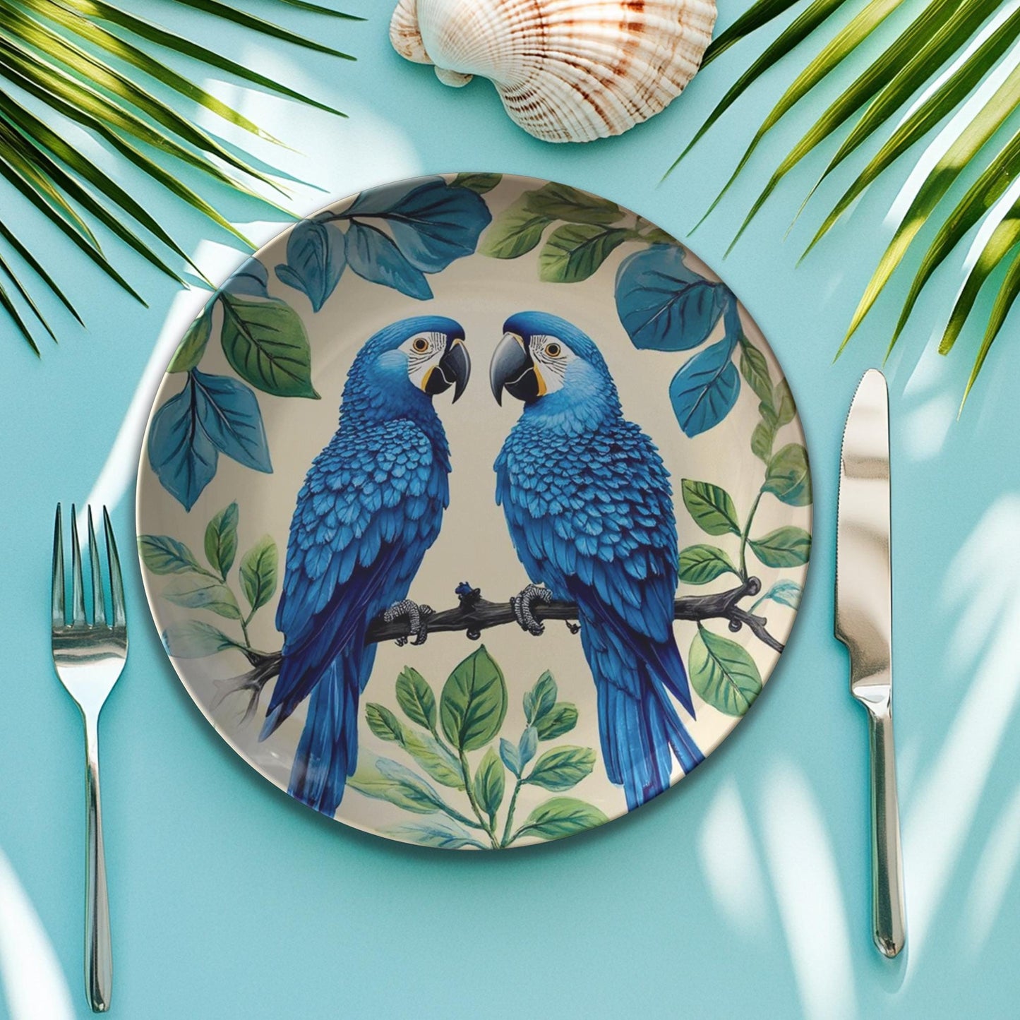 Tropical Parrot ThermoSaf (Polymer) Dinnerware Set: Colorful Exotic Bird Plates for Festive Dining