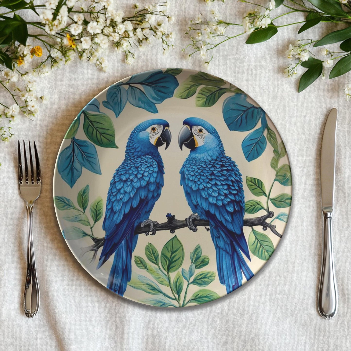 Tropical Parrot ThermoSaf (Polymer) Dinnerware Set: Colorful Exotic Bird Plates for Festive Dining