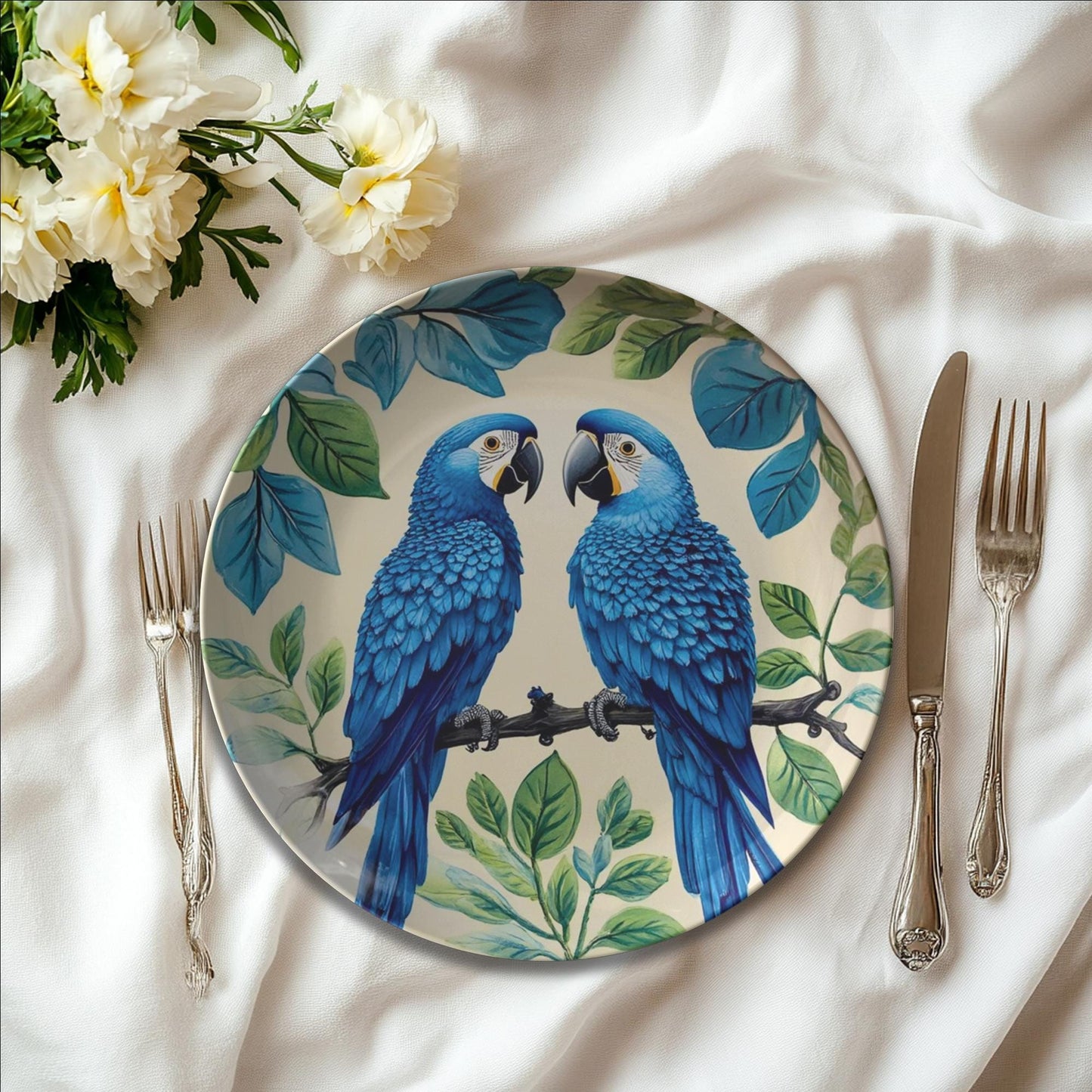 Tropical Parrot ThermoSaf (Polymer) Dinnerware Set: Colorful Exotic Bird Plates for Festive Dining