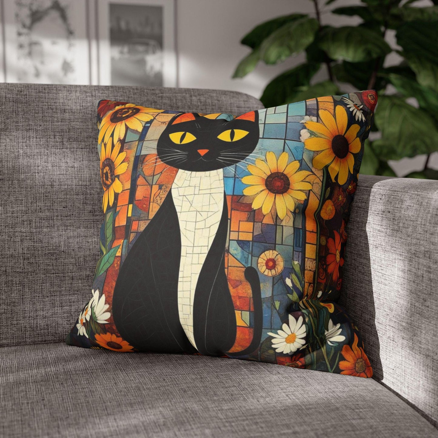 Retro Cat Floral Pillow Cover: Faux Suede Boho Home Decor