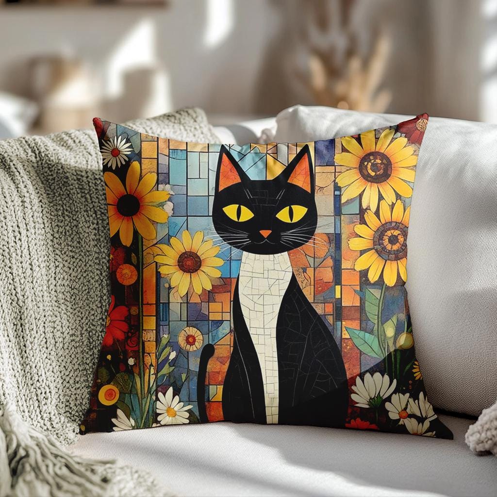 Retro Cat Floral Pillow Cover: Faux Suede Boho Home Decor