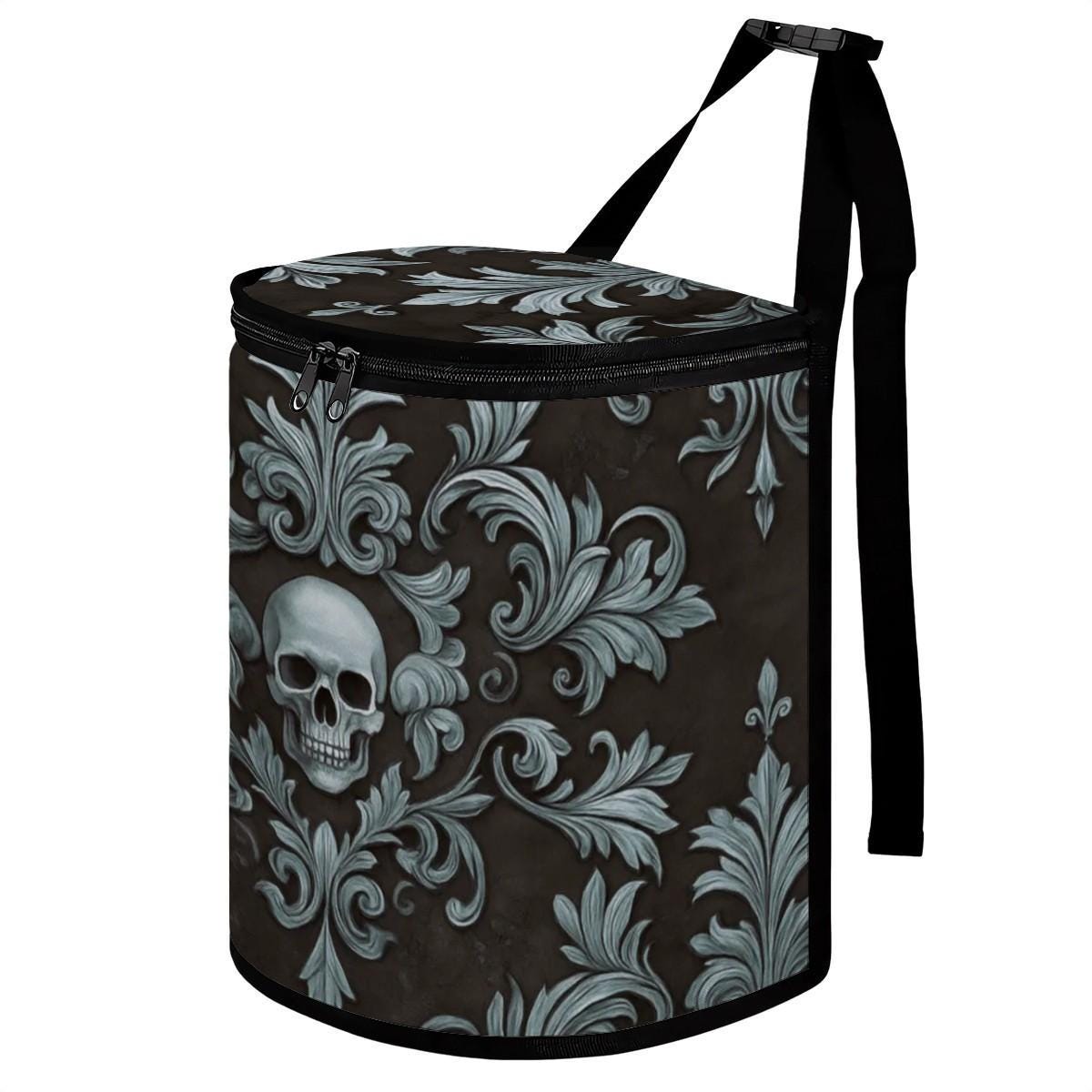 Skull-Themed Black Bucket Car Trash Container: Stylish Vehicle Waste Organizer for Neat Interiors