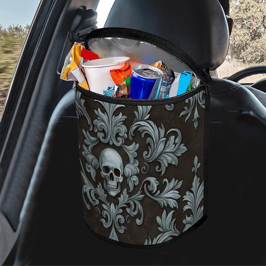 Skull-Themed Black Bucket Car Trash Container: Stylish Vehicle Waste Organizer for Neat Interiors