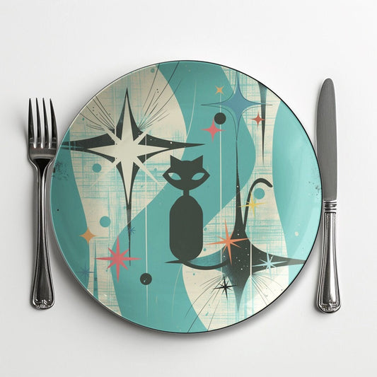 Vintage Atomic Cat Dinner Plates - Retro Tableware, Colorful Collectible, Host Gift