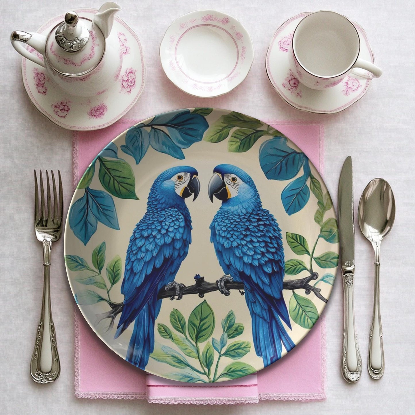 Tropical Parrot ThermoSaf (Polymer) Dinnerware Set: Colorful Exotic Bird Plates for Festive Dining