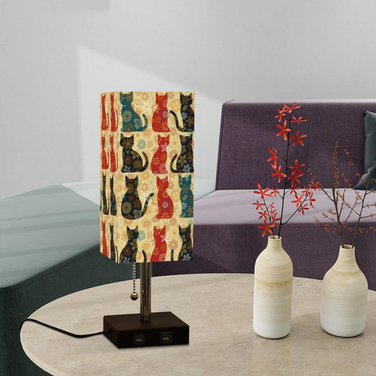 Retro Cat Table Lamp: Linen Shade, USB Charging Port, 16-Color LED