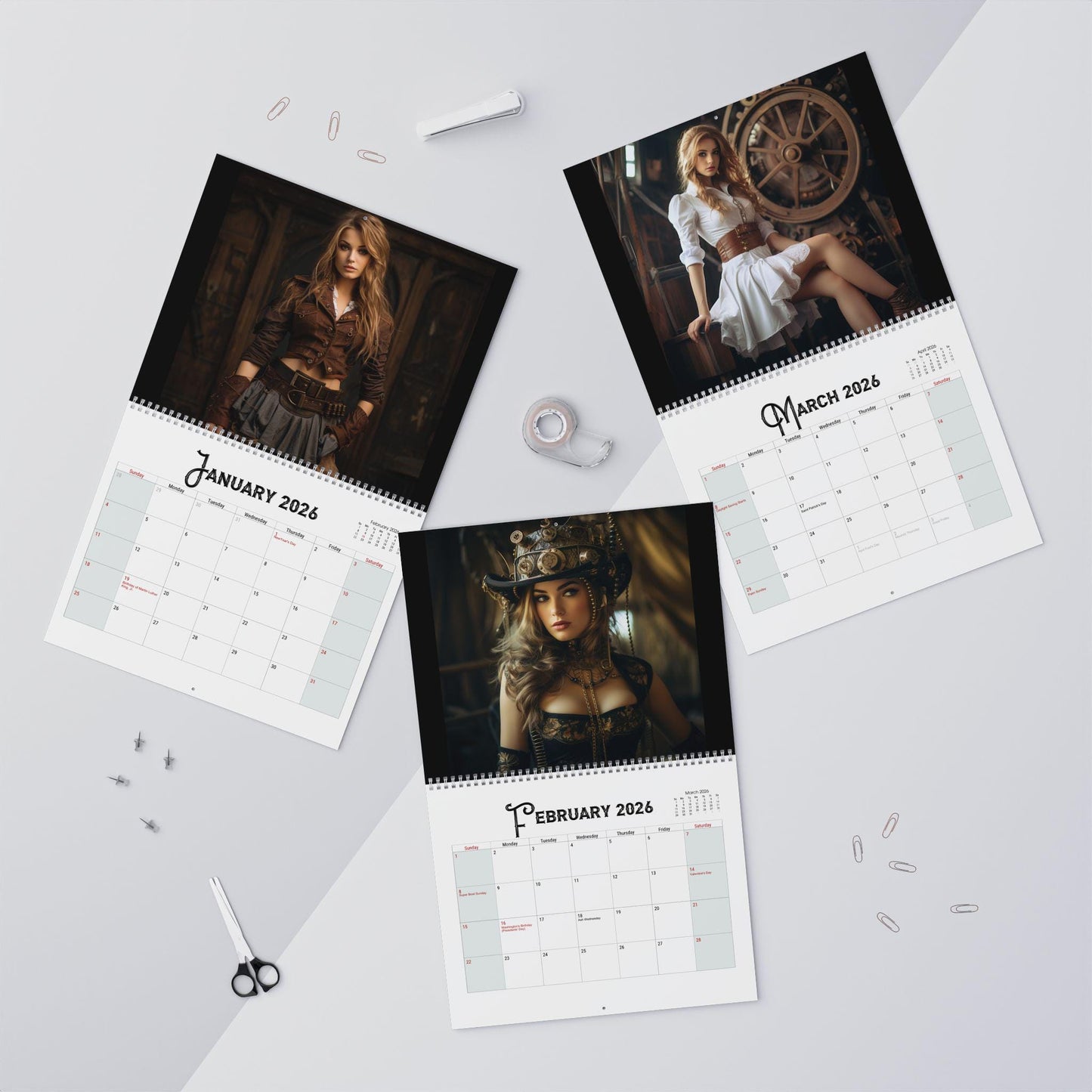 Steampunk Women Yearly Wall Calendar: Stylish Organizer, Unique Home Decor Gift, Customizable Planner