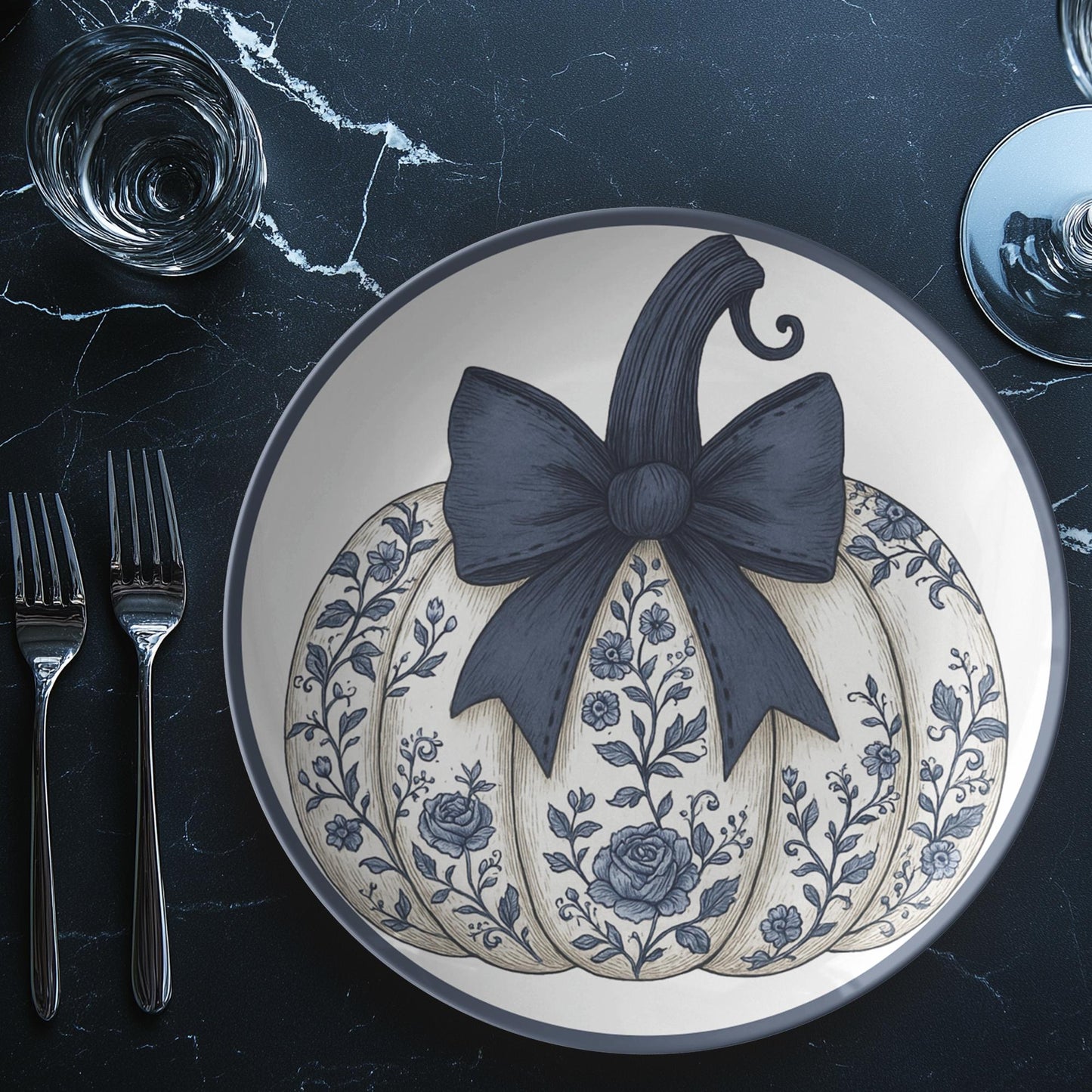 ThermoSaf Plate, Navy Pumpkin Design, 10-Inch Round Polymer Dinnerware