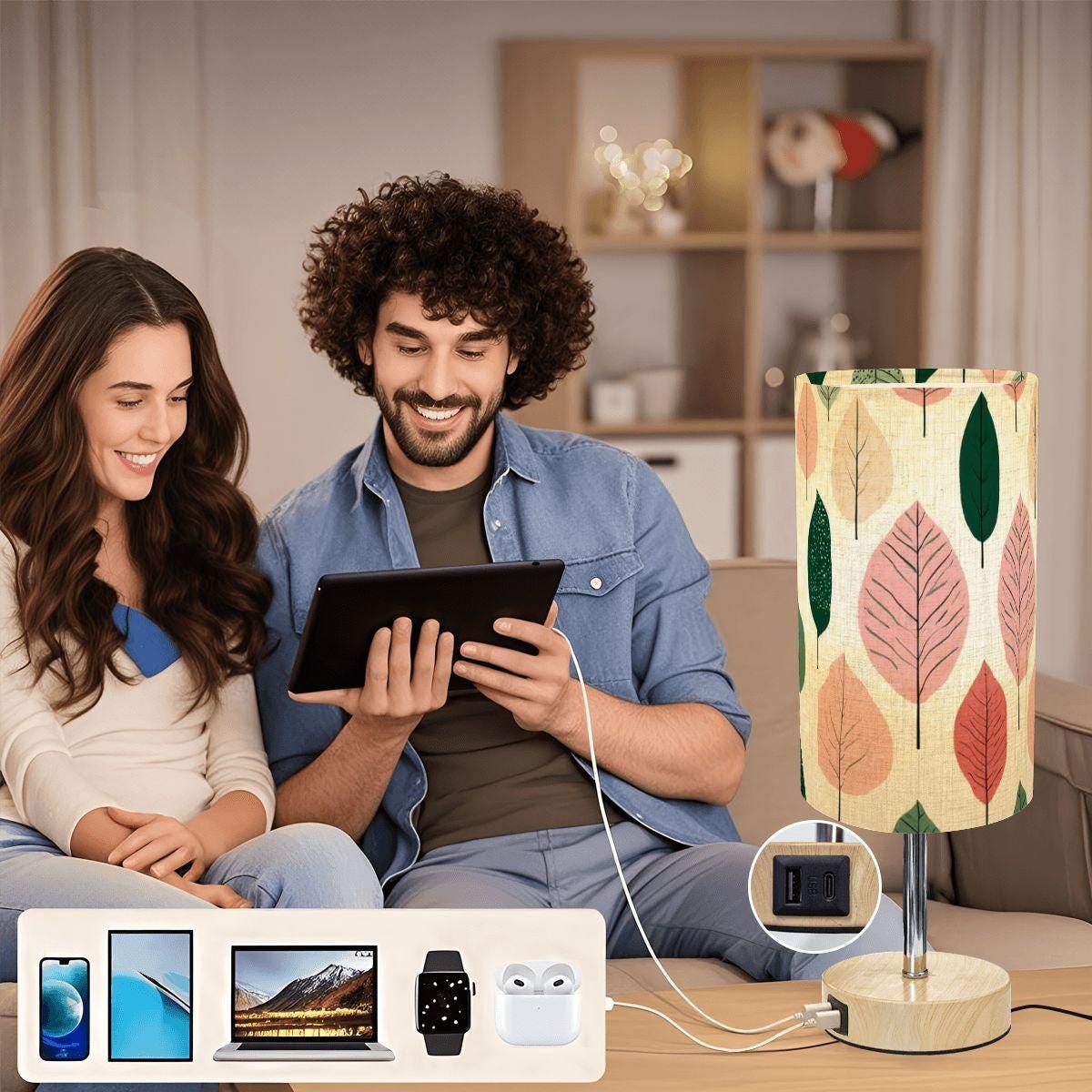 Leaf Touch Sensor Bedside Lamp with USB Charging Port - Modern Nightstand Light