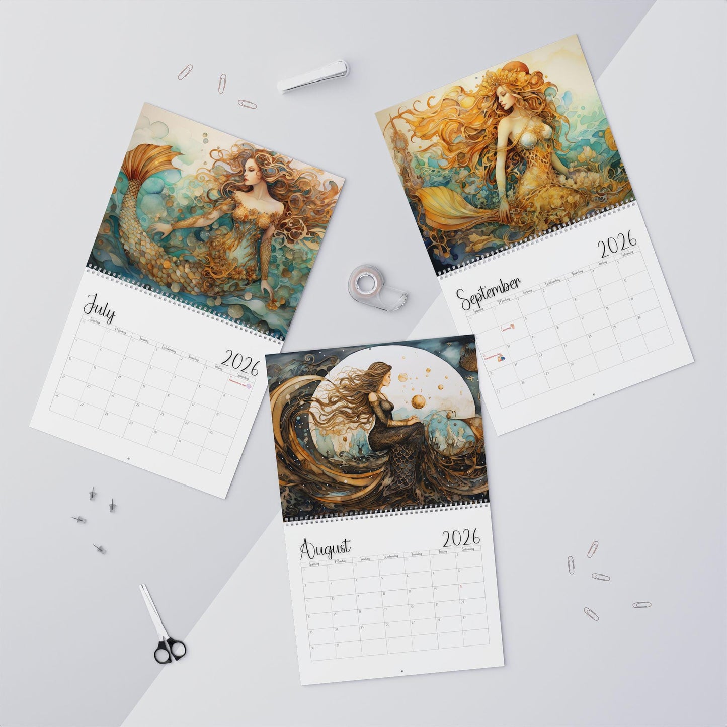 2026 Mermaid Ocean Wall Calendar: Underwater Sea Creature Art Planner with Fish Tail Graphics