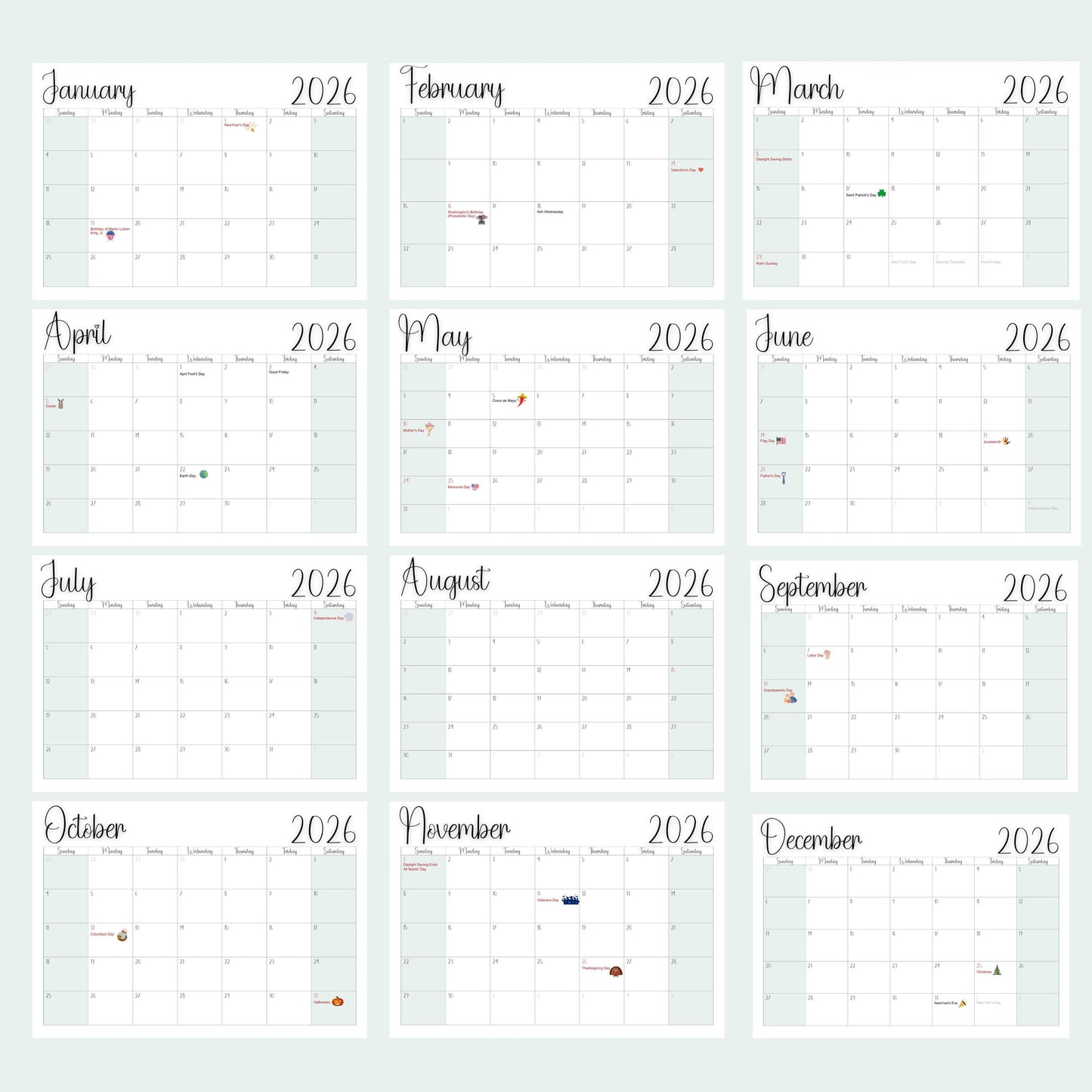 2026 Editable Monthly Calendar Bundle: Minimalist Printable Planner for Work & School (PDF Download)