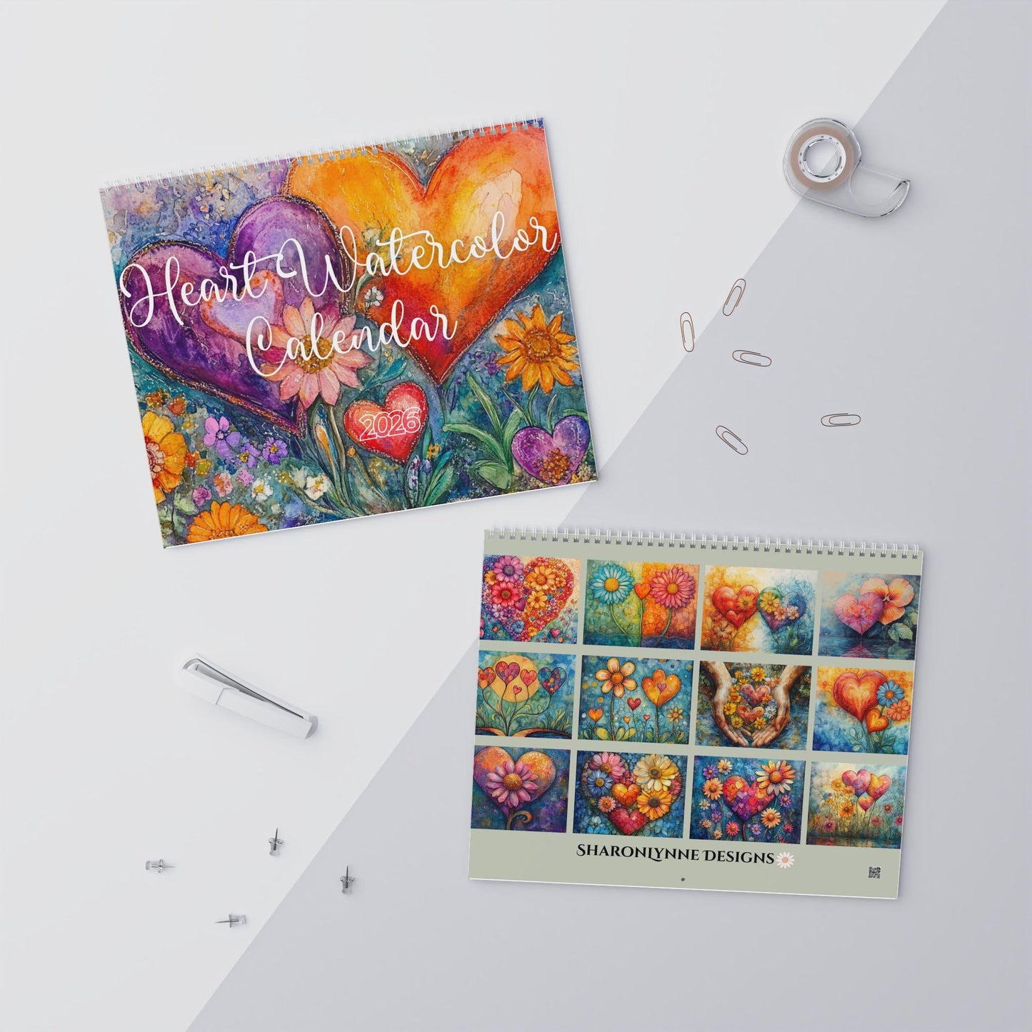 2026 Heart Calendar: Watercolor Art, Home Office Decor