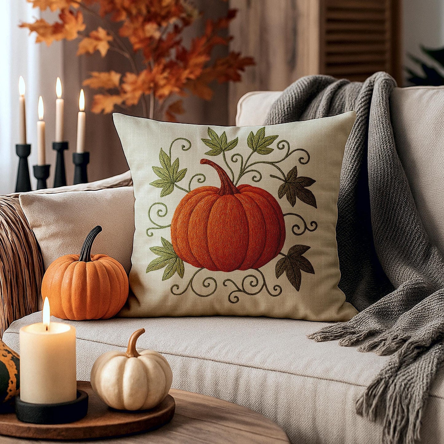 Decorative Farmhouse Pillowcase, 100% Faux Suede Double-Sided Pumpkin Print, Four Sizes