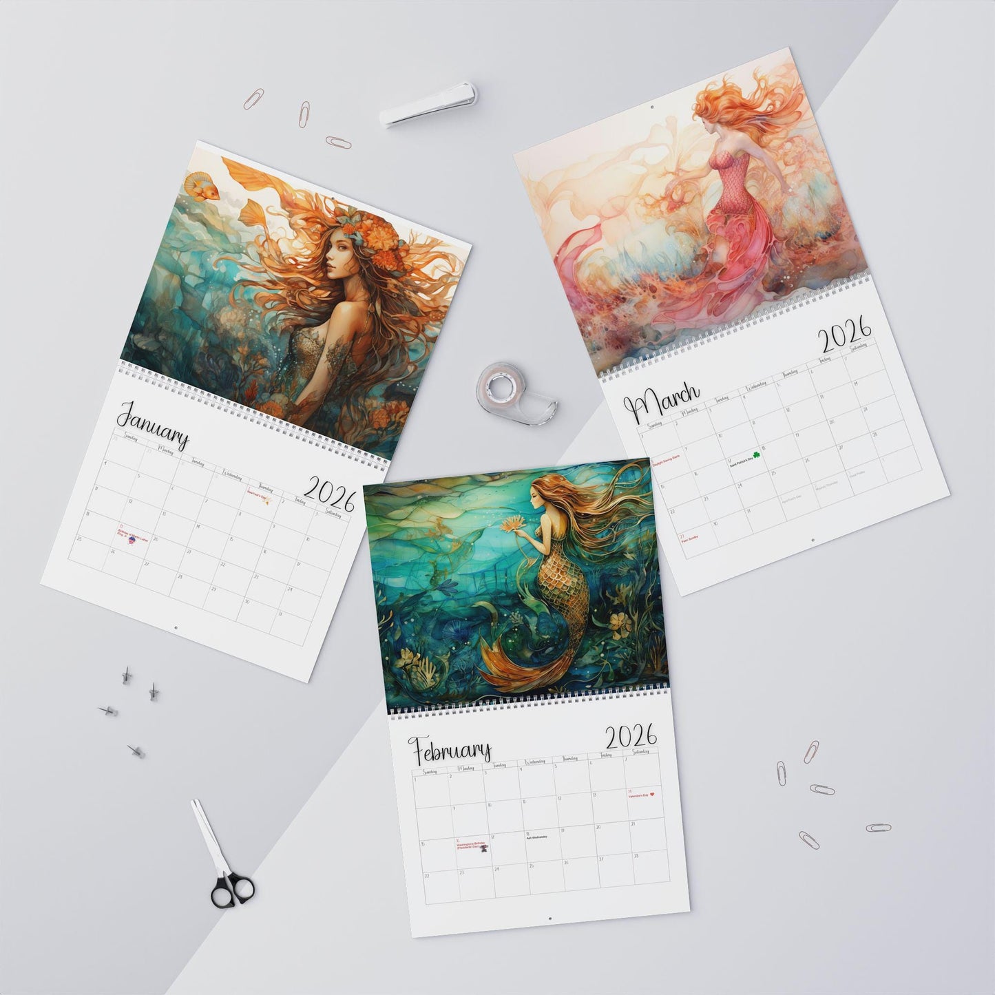2026 Mermaid Ocean Wall Calendar: Underwater Sea Creature Art Planner with Fish Tail Graphics