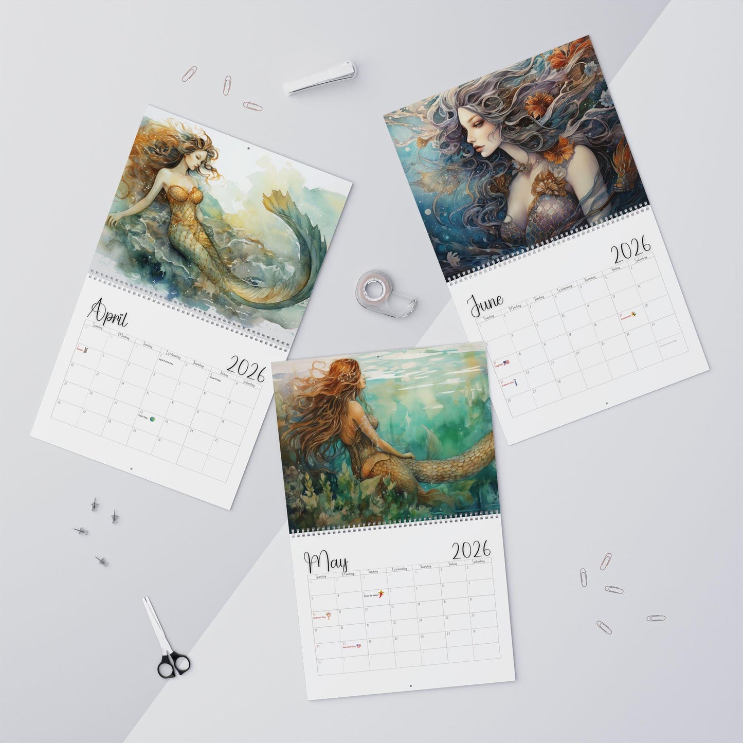 2026 Mermaid Ocean Wall Calendar: Underwater Sea Creature Art Planner with Fish Tail Graphics