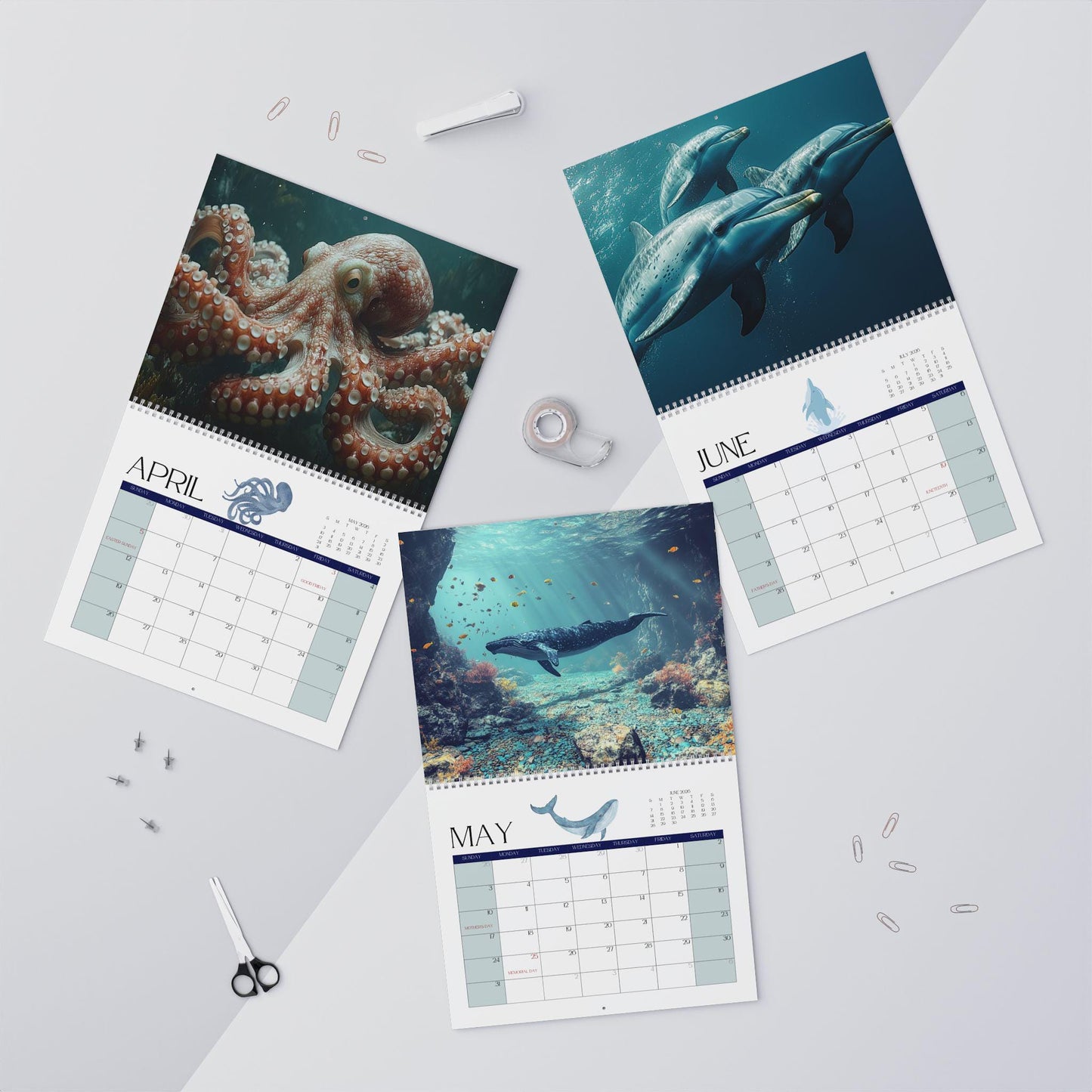 Underwater Creature Wall Calendar 2026: Ocean Life Art, Home Office Decor