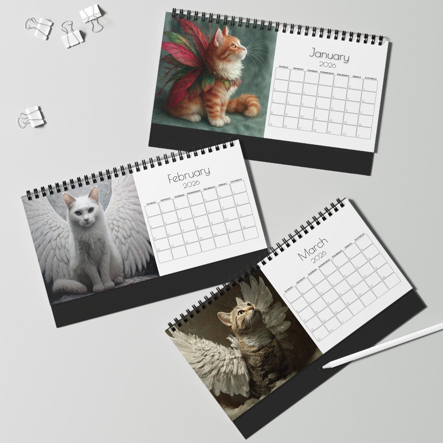 2026 Winged Cat Desktop Calendar: Unique Feline-Themed Gift for Home or Office Decor