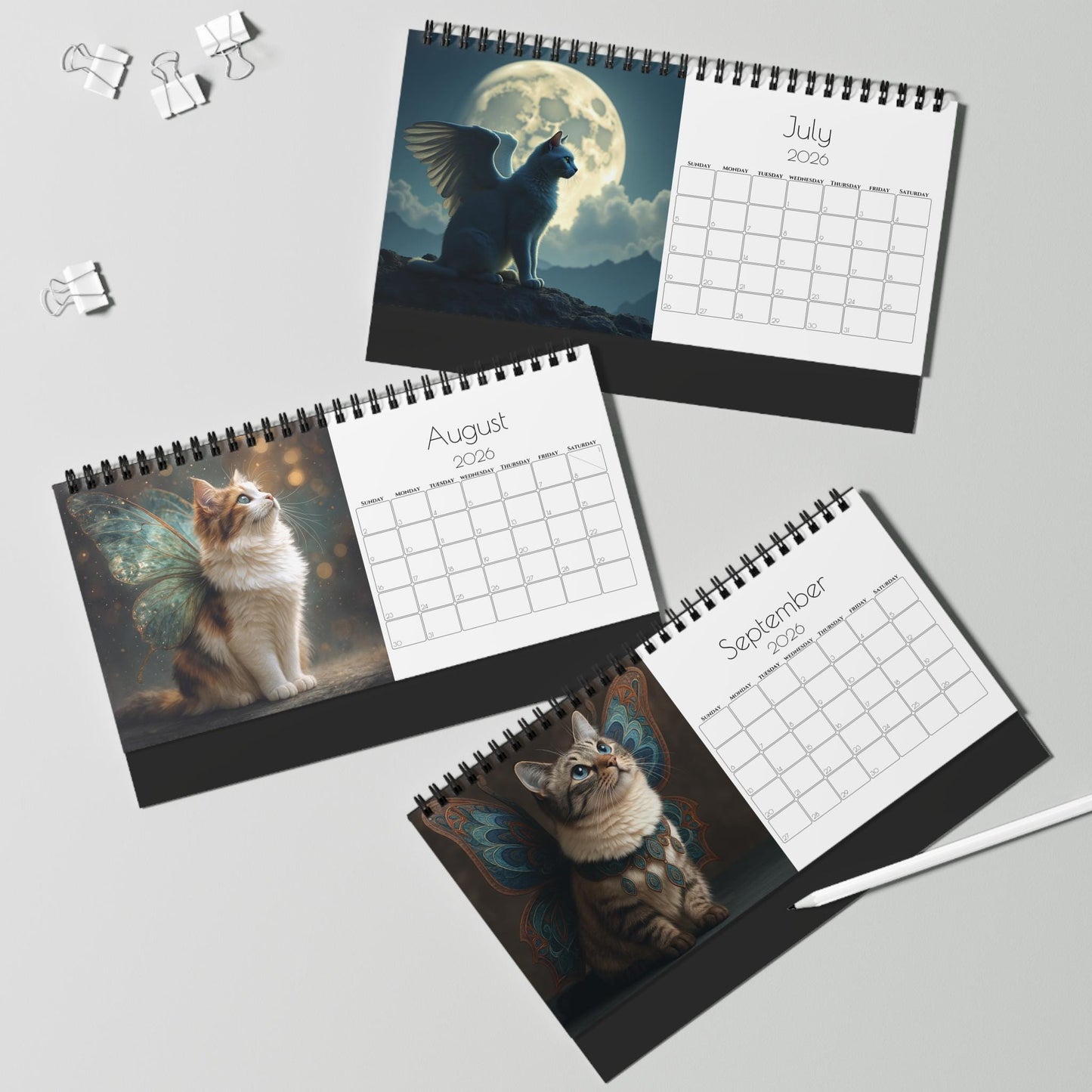 2026 Winged Cat Desktop Calendar: Unique Feline-Themed Gift for Home or Office Decor