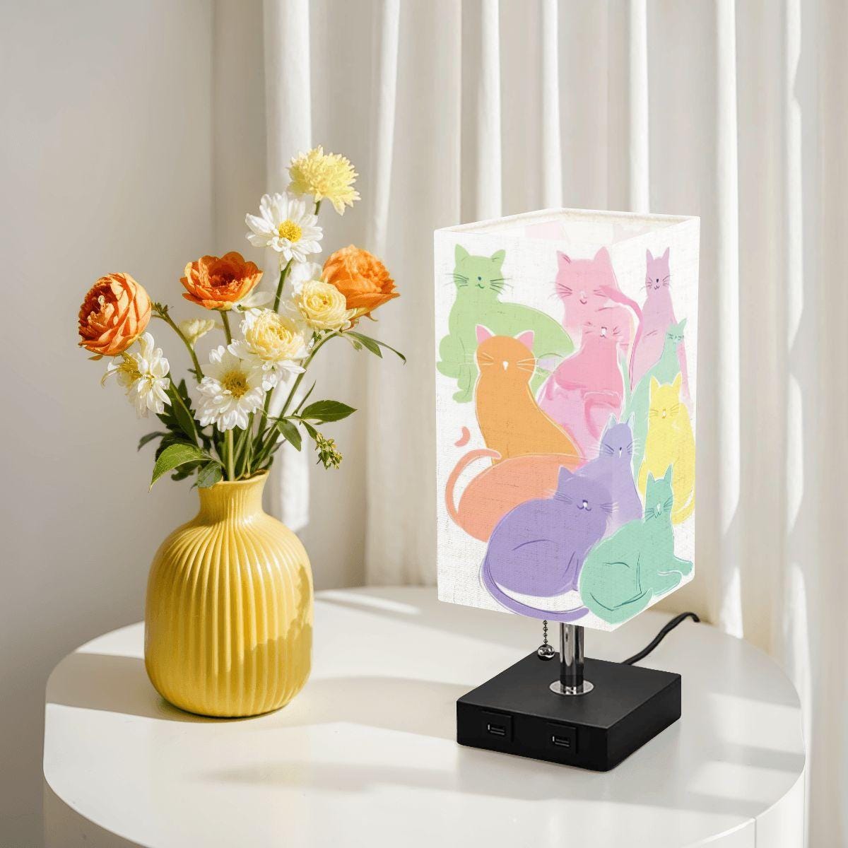 Adorable Pastel Cat Square Lamp with USB Port - Cozy Bedside Lighting for Cat Lovers