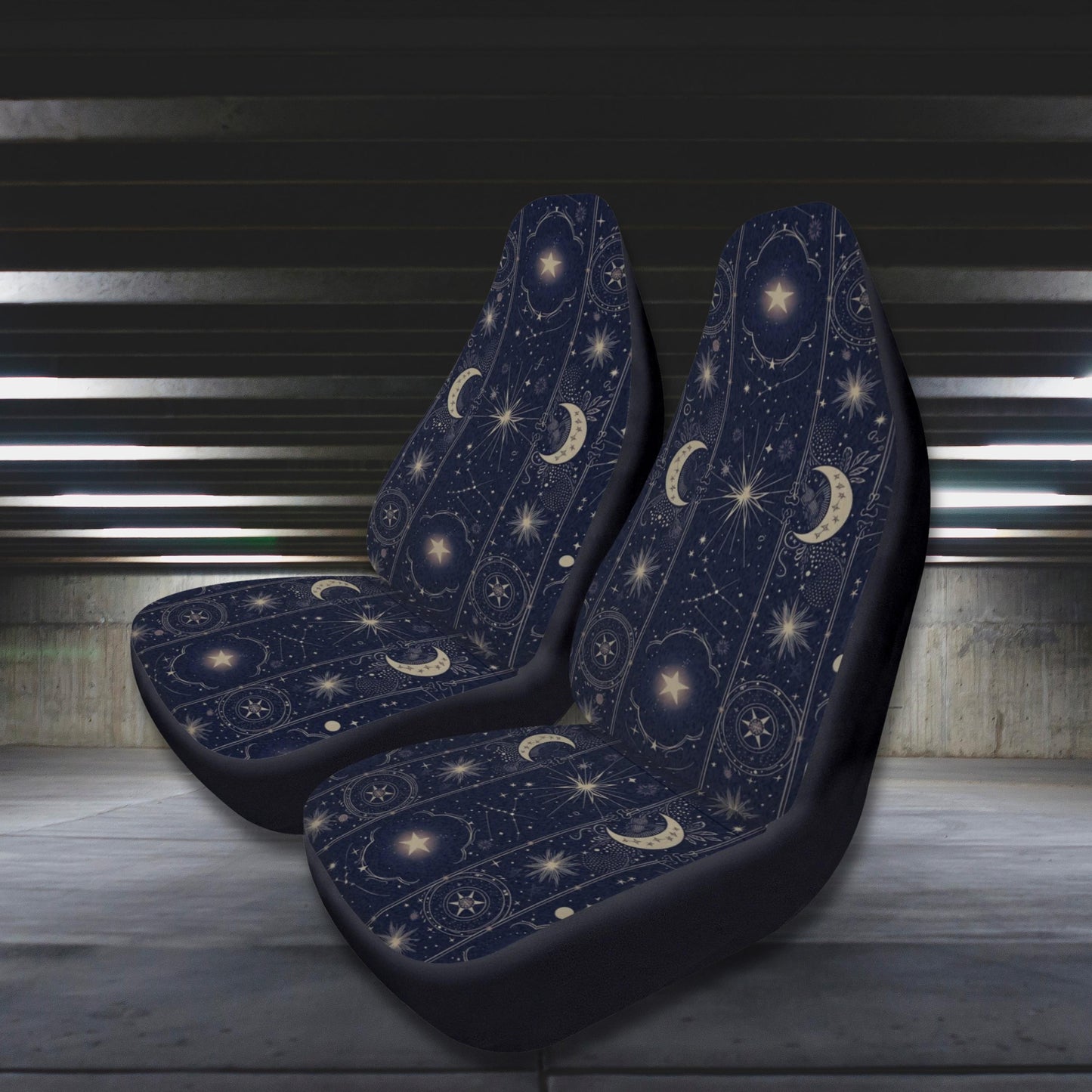 Celestial Moon Car Seat Cover: Blue & Gold Cosmic Protection