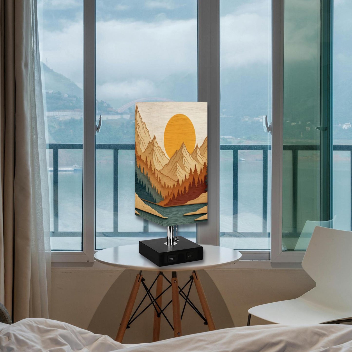 Modern Square Table Lamp with USB Charging Port - Mountain View Design for Home Office