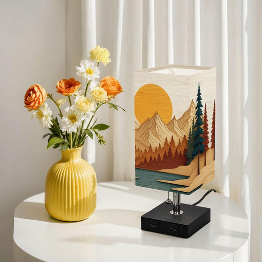 Modern Square Table Lamp with USB Charging Port - Mountain View Design for Home Office