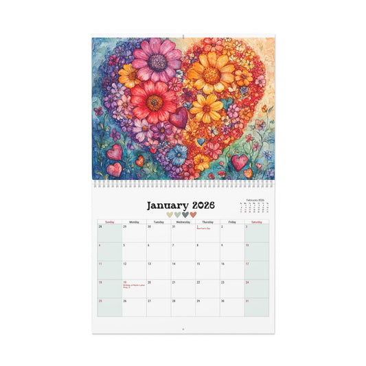 2026 Heart Calendar: Watercolor Art, Home Office Decor