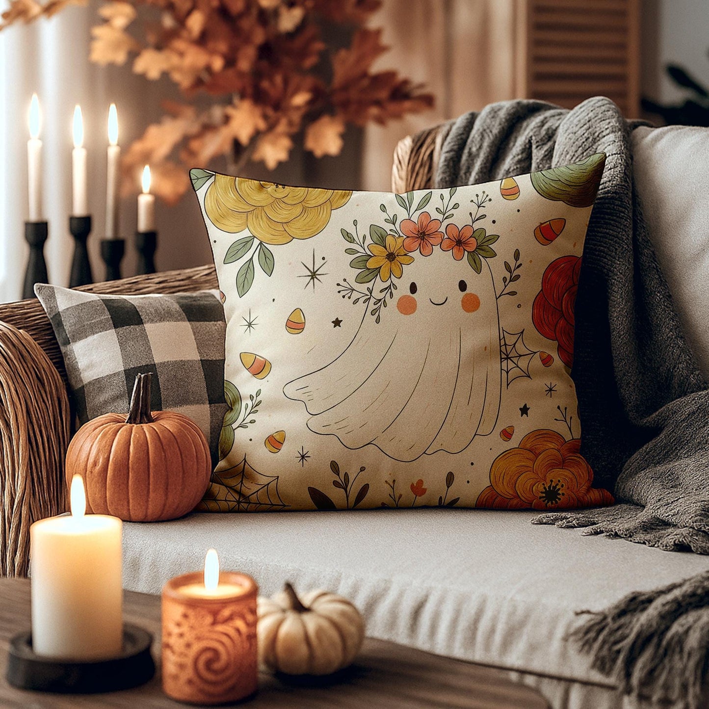 Ghost Halloween Pillowcase: Faux Suede Square Throw Pillow for Cozy Fall Home Decor