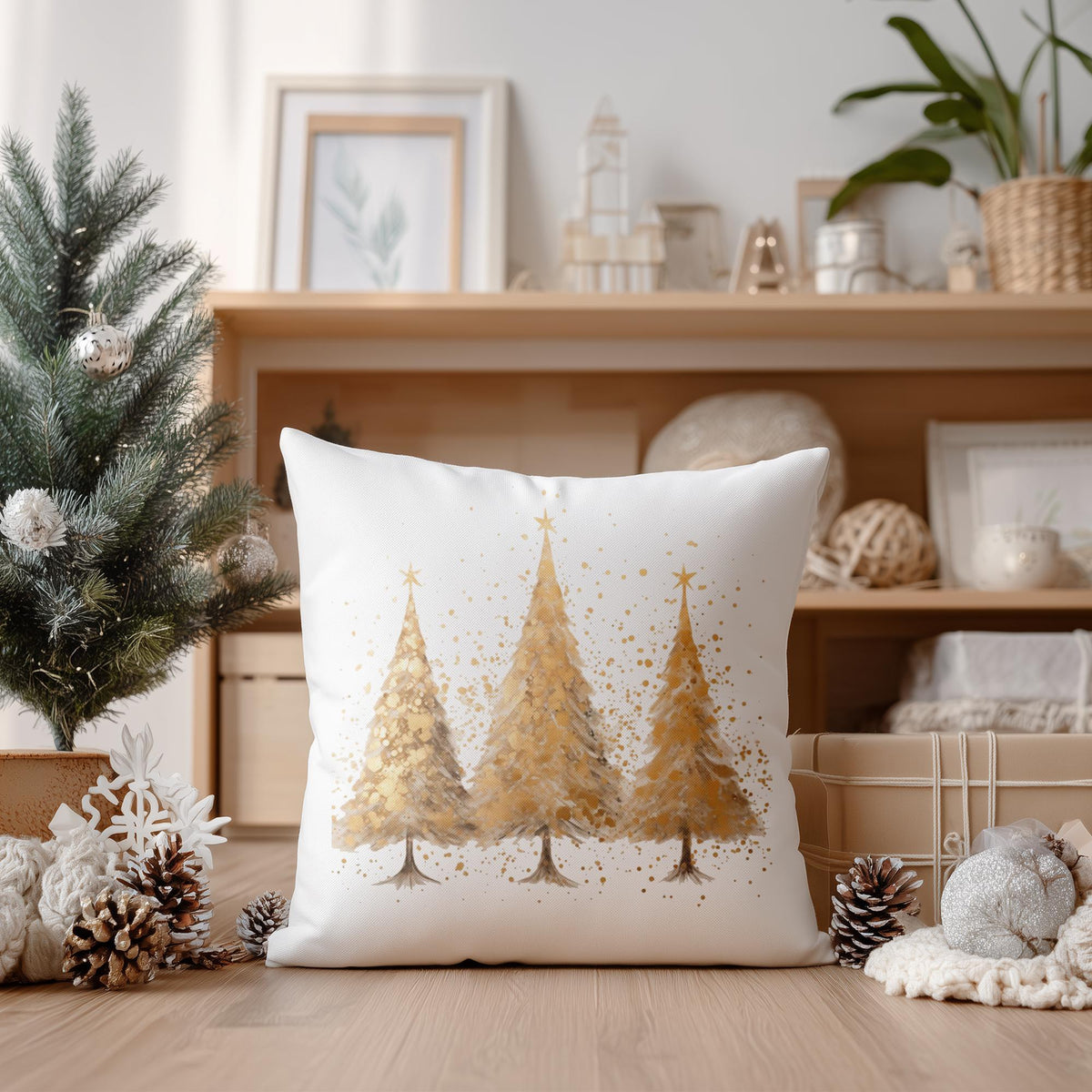 Christmas Pillowcase, Gold Tree Polyester Cover with Concealed Zipper