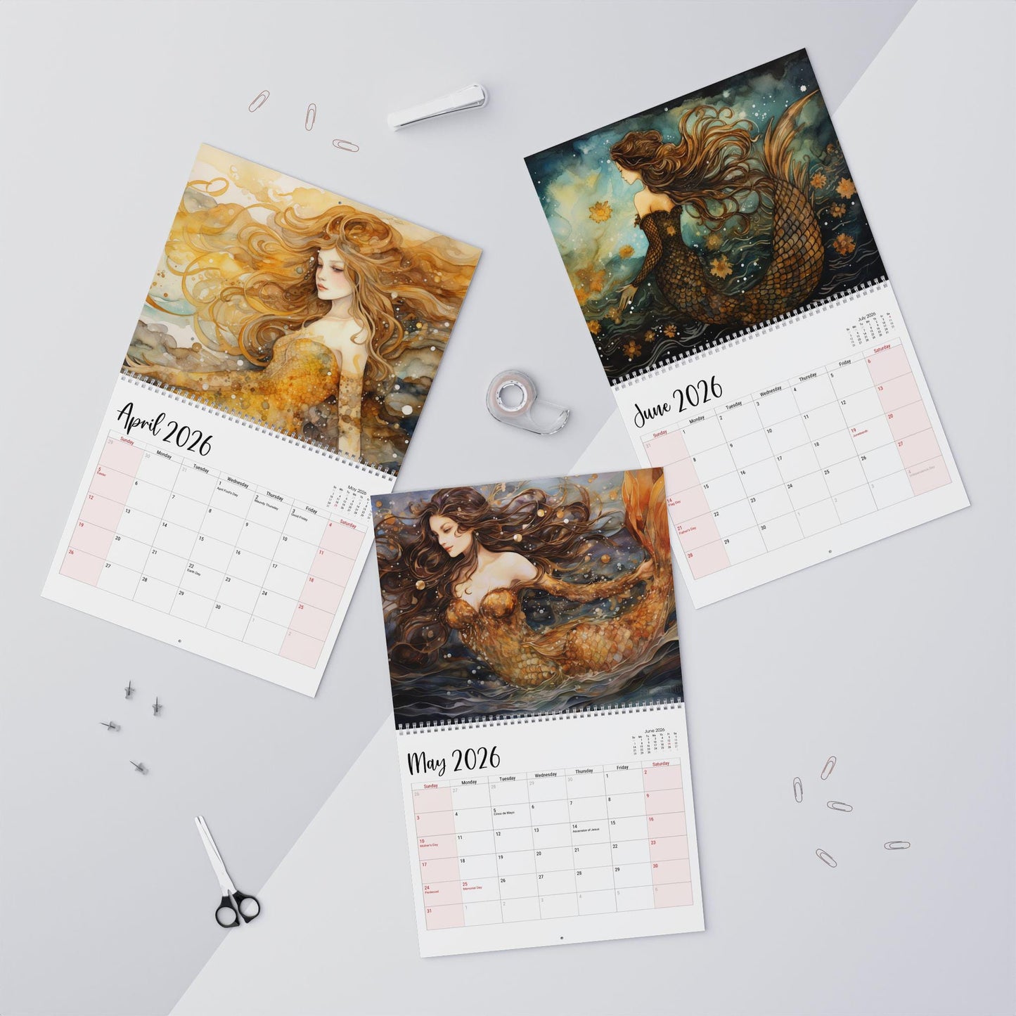 Vintage Mermaid 2026 Wall Calendar: Monthly Planner with Ocean Art for Home and Office