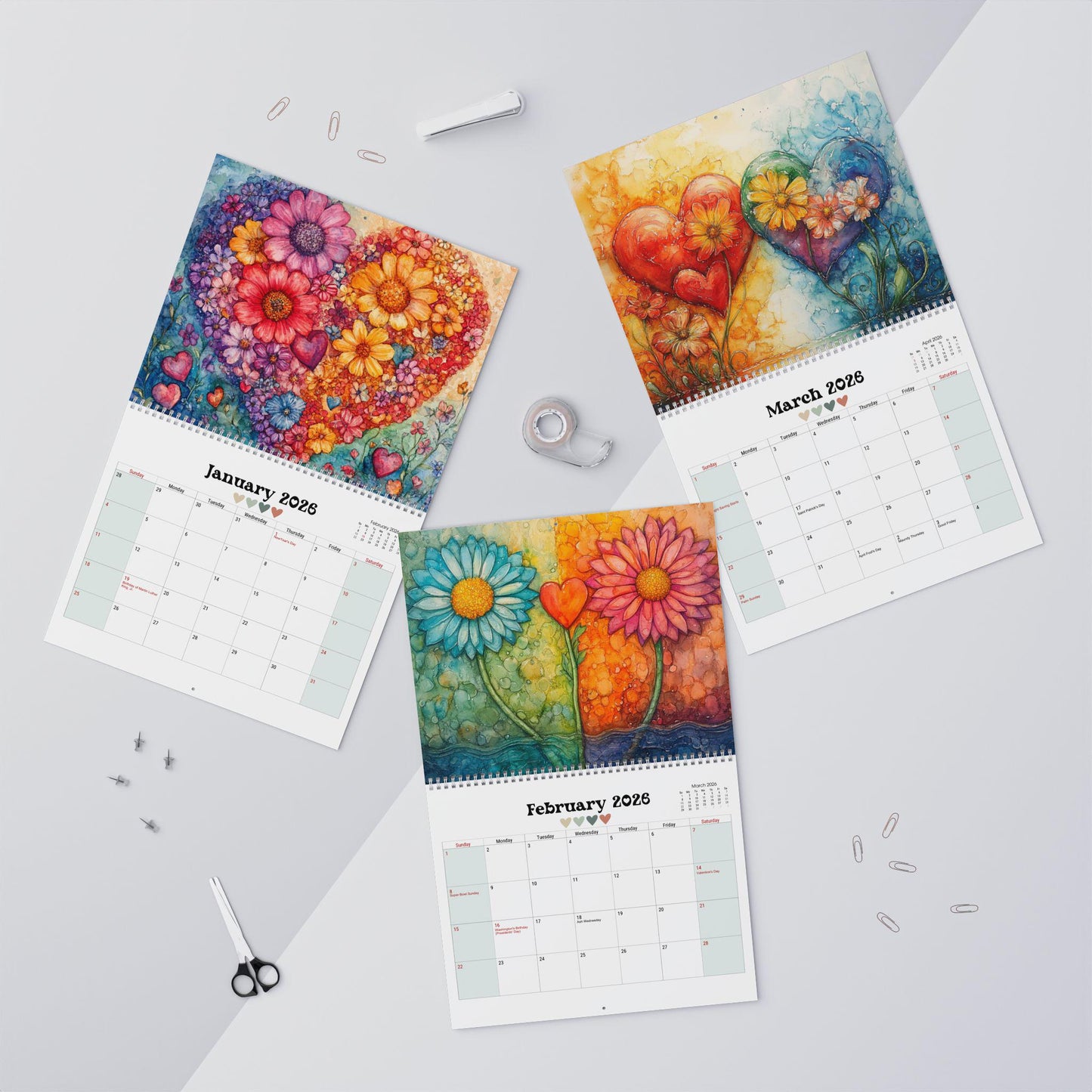 2026 Heart Calendar: Watercolor Art, Home Office Decor