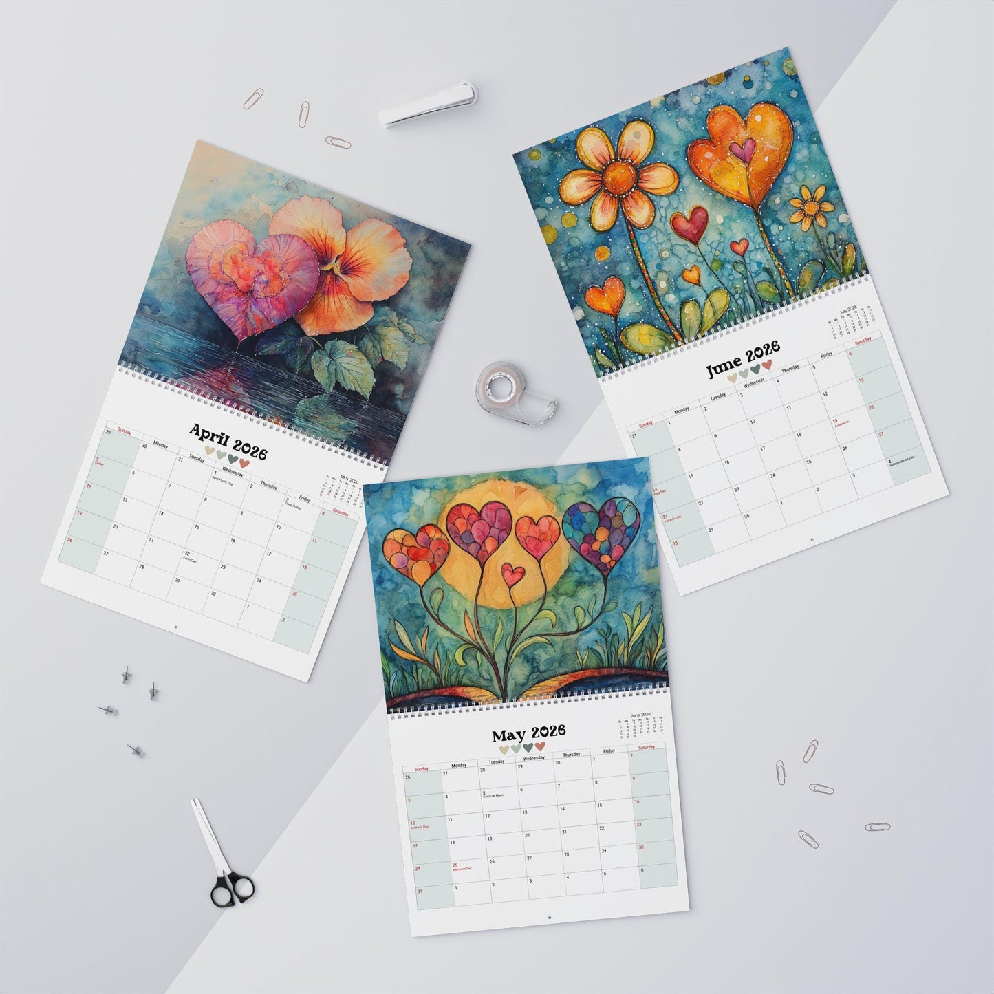 2026 Heart Calendar: Watercolor Art, Home Office Decor