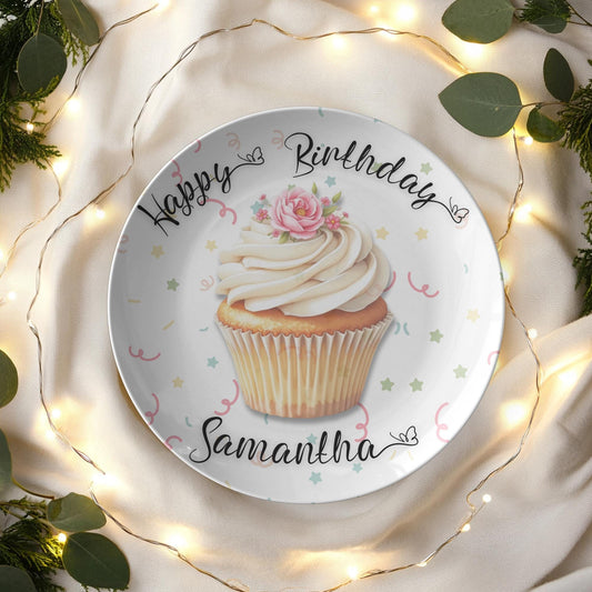 Personalized Cupcake Birthday Plate: Festive Ceramic Dessert Dish for Party Celebrations