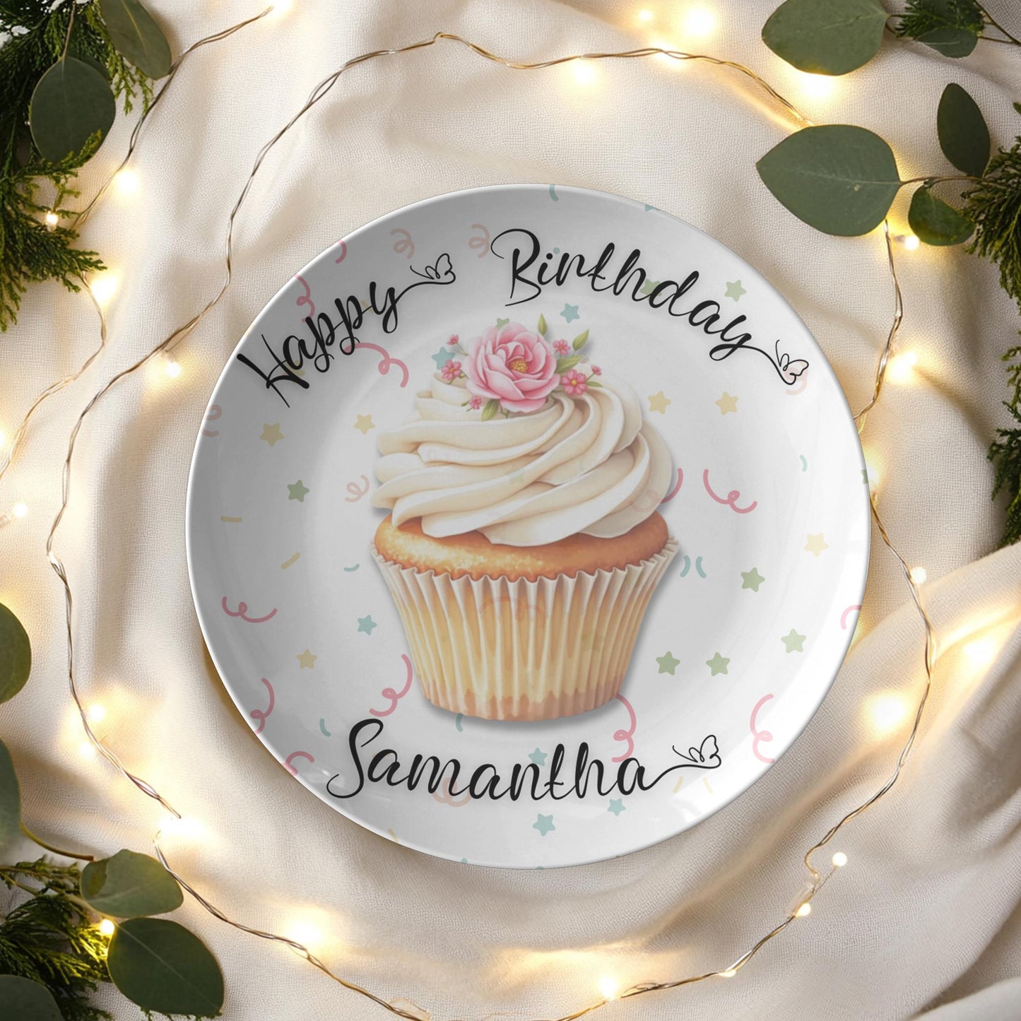 Decorative Tableware Cupcake Birthday Plate, Personalized 10-Inch ThermoSaf Polymer, Dishwasher Safe