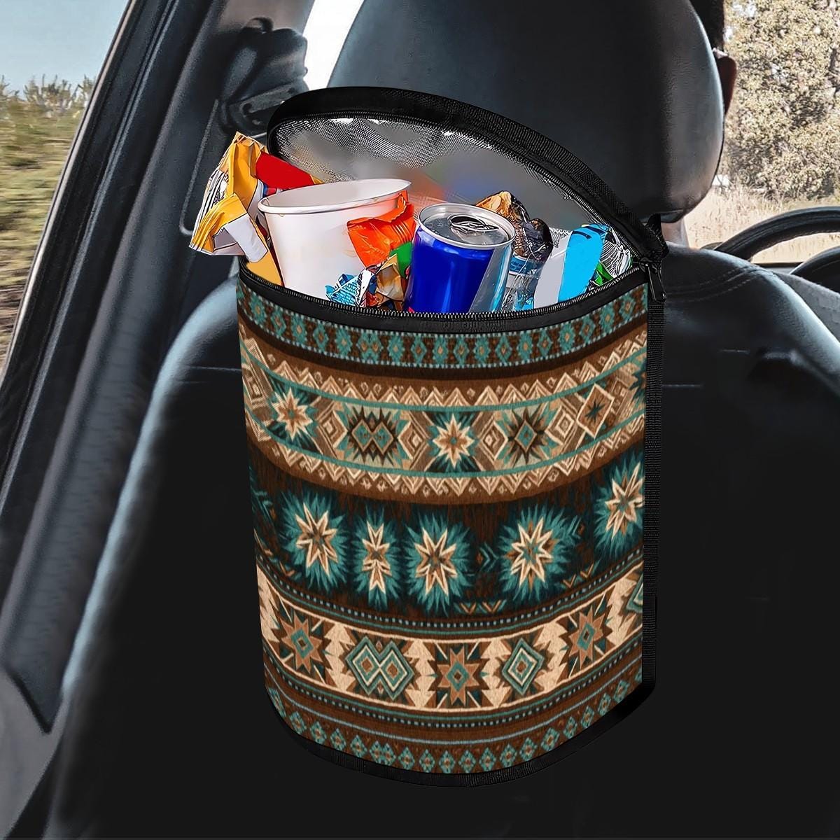 Southwestern-Style Bucket Car Trash Bag: Stylish Auto Waste Bin for Organized Travel
