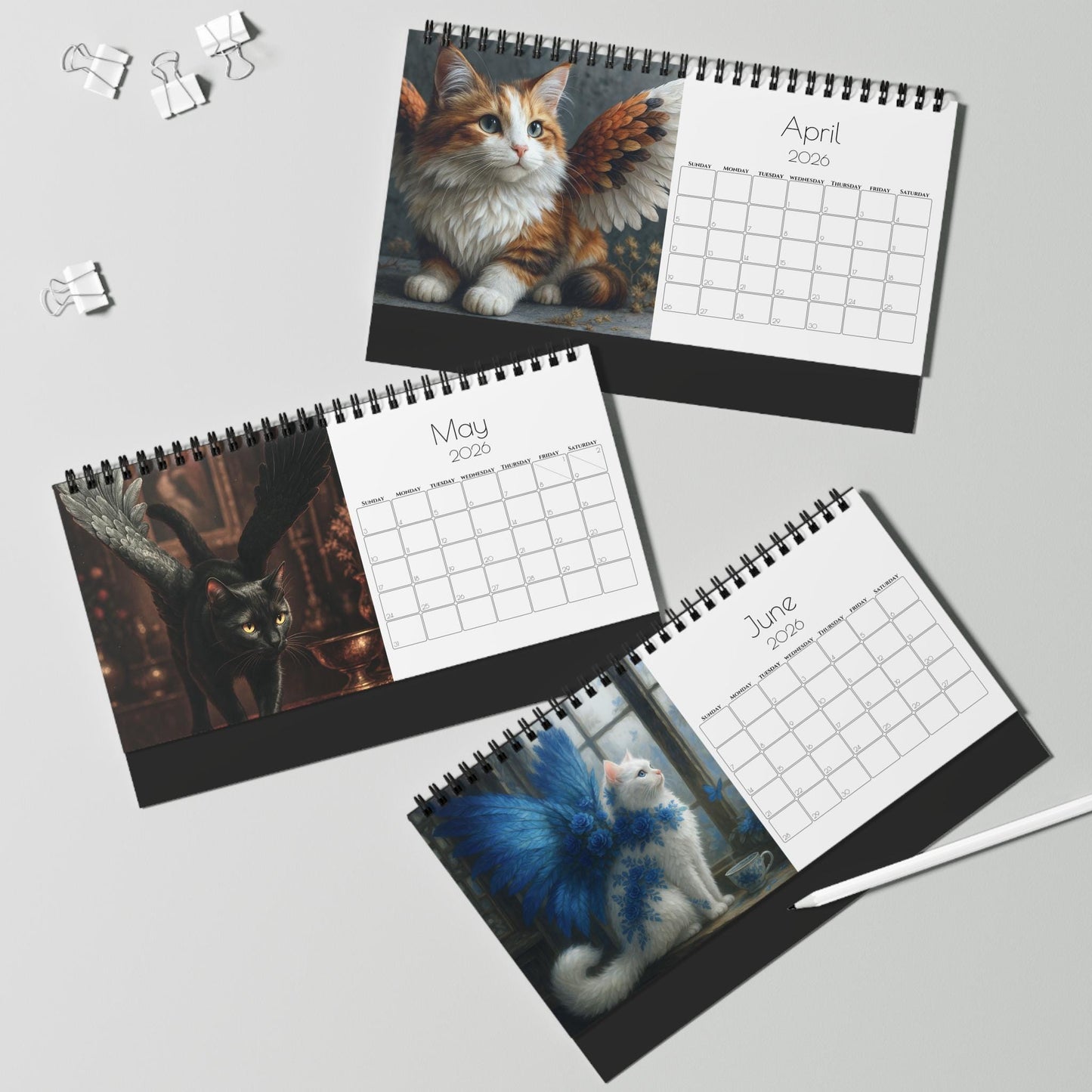 2026 Winged Cat Desktop Calendar: Unique Feline-Themed Gift for Home or Office Decor