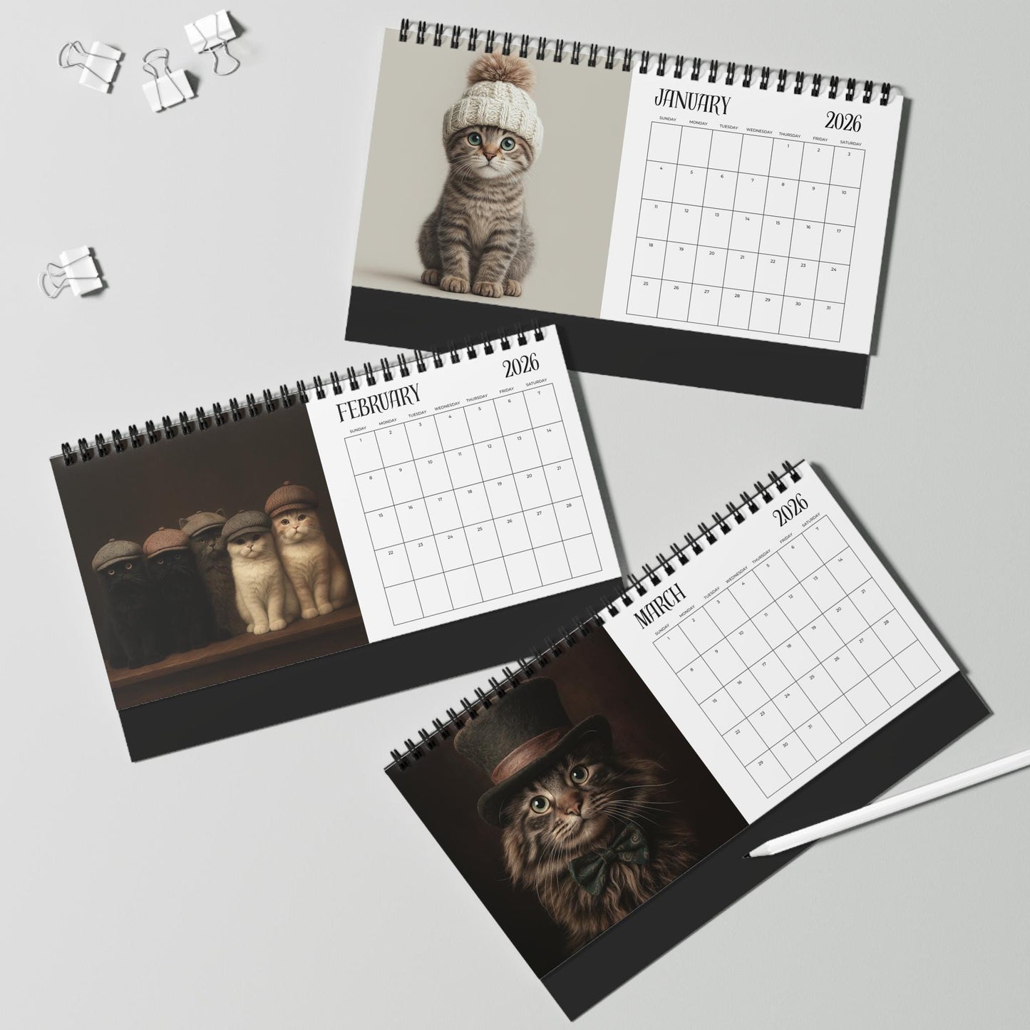 2026 Cats Wearing Hats Calendar: Adorable Feline Art for Office Wall Decor & Monthly Planning