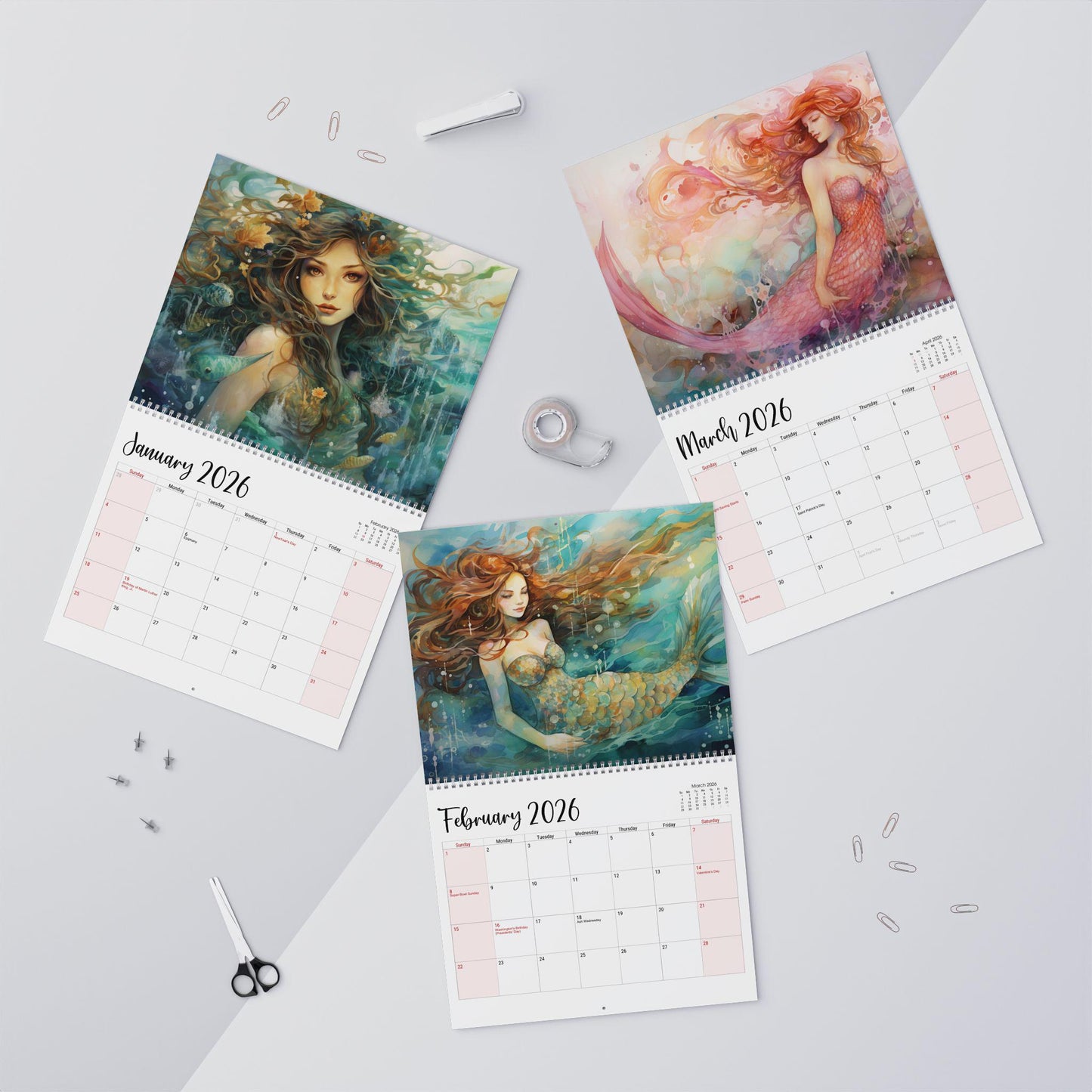 Vintage Mermaid 2026 Wall Calendar: Monthly Planner with Ocean Art for Home and Office