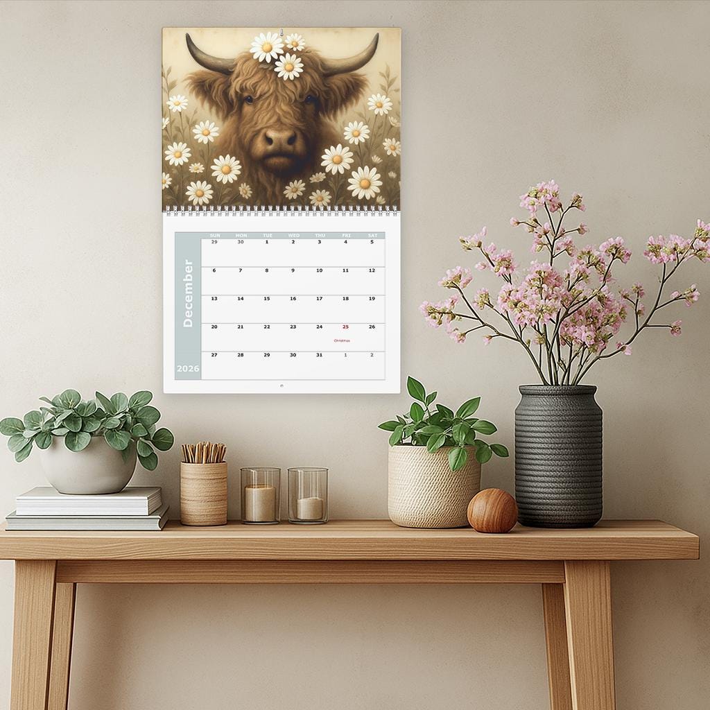 2026 Highland Cow Calendar: Rustic Farmhouse Planner with Country Art for Kitchen Organization