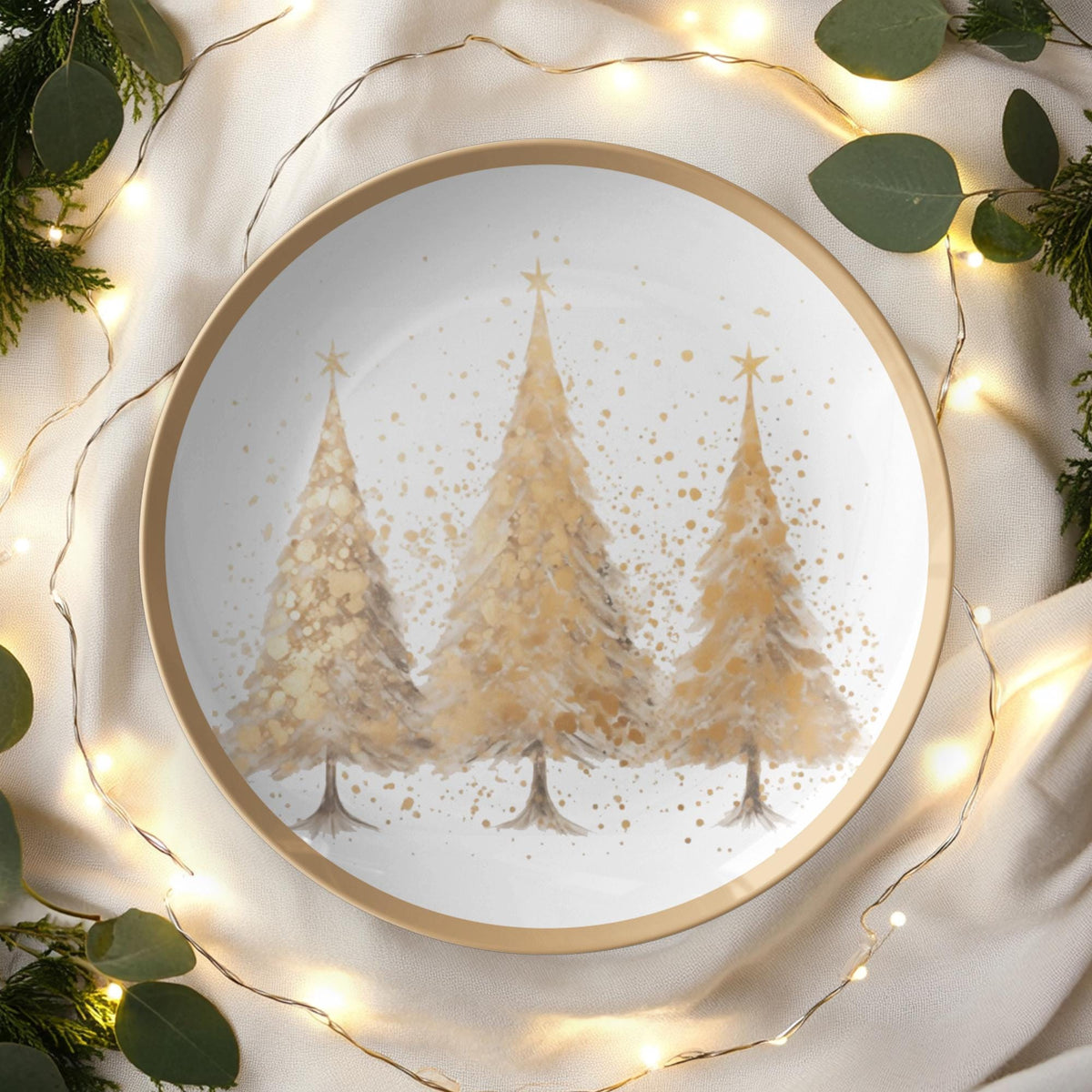 Gold Christmas Plate, 10-Inch Polymer Dinnerware with Tree Design