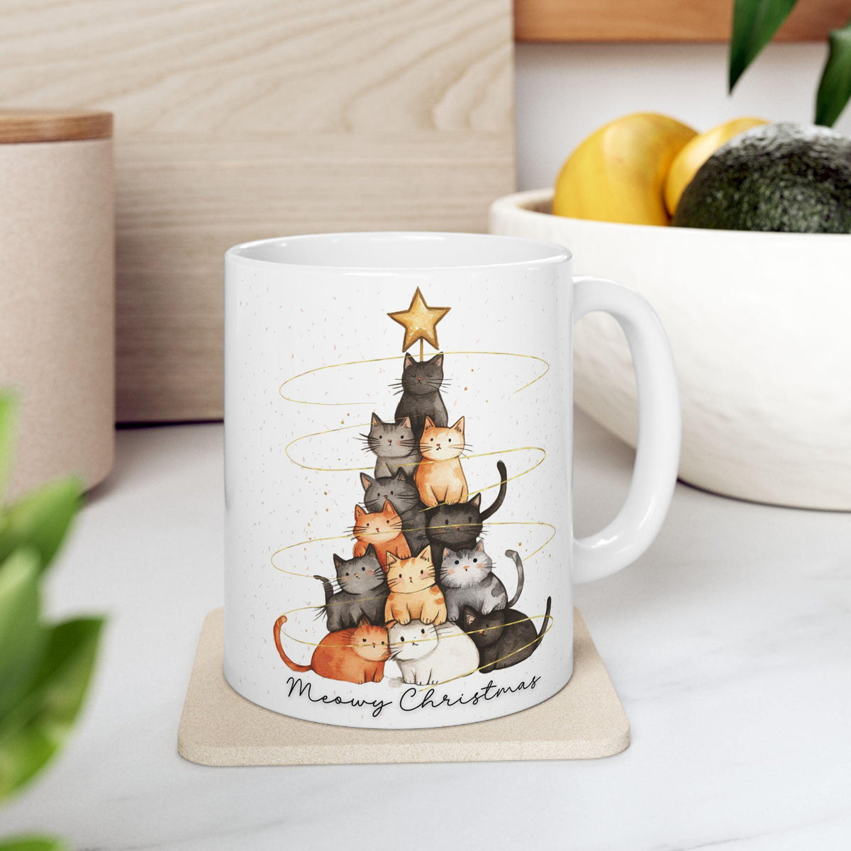 Christmas Cat Mug, White Ceramic Coffee Cup in 11oz or 15oz Sizes