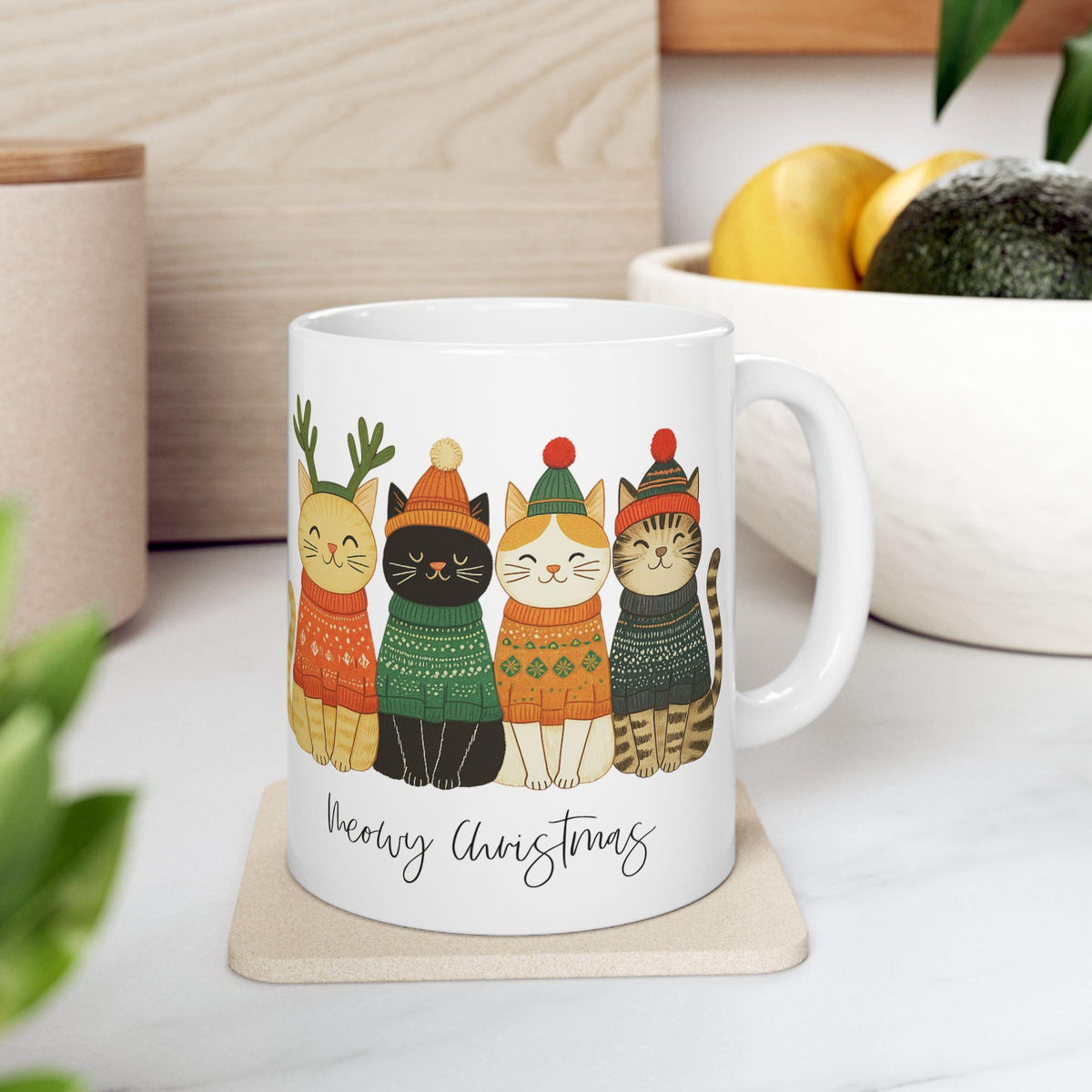 Ceramic Cat Mug, Christmas Holiday Tea Cup in 11oz or 15oz Sizes
