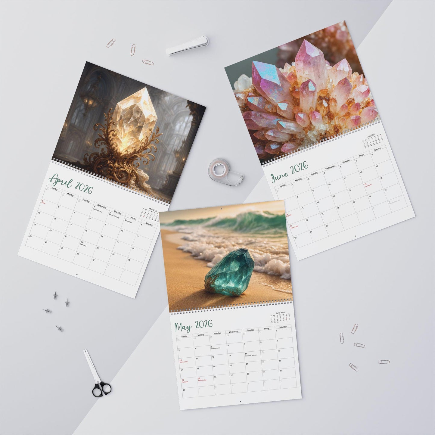 Healing Crystals Wall Calendar 2026 | Boho home office organizer, gift for crystal lovers