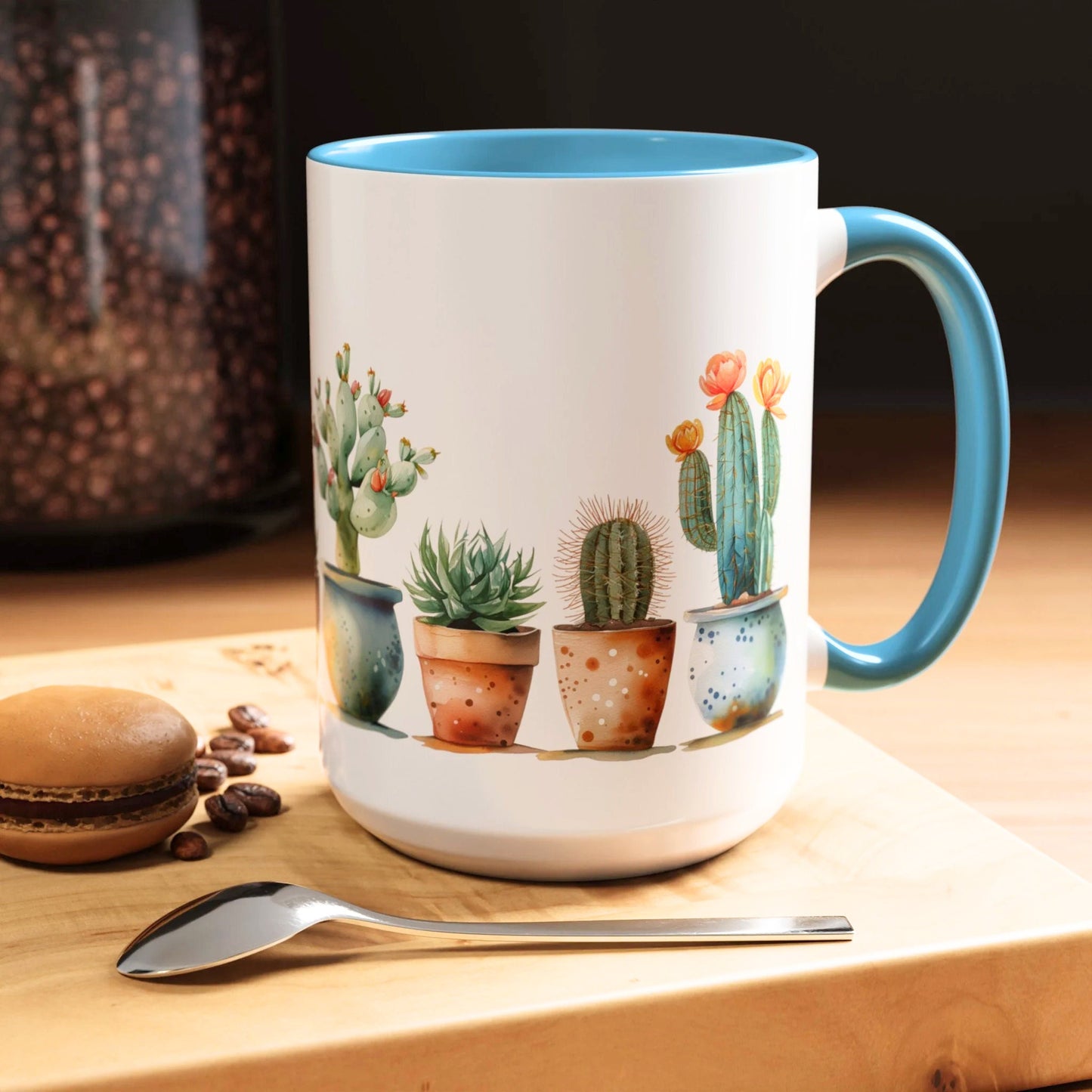 Ceramic Cactus Coffee Mug with Colorful Handle - Southwestern Kitchenware Gift for Plant Lovers